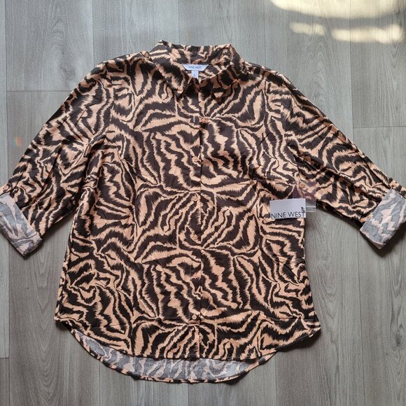 Nine West Womens XL Animal Print Button-Up Blouse Brown/Black Cotton NWT - Picture 1 of 7